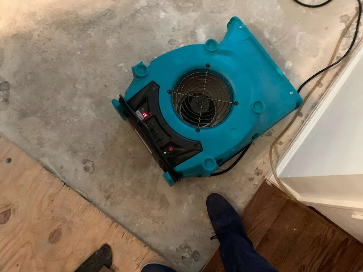 Air mover drying subfloor during Leak Detection & Repair in Holly Springs
